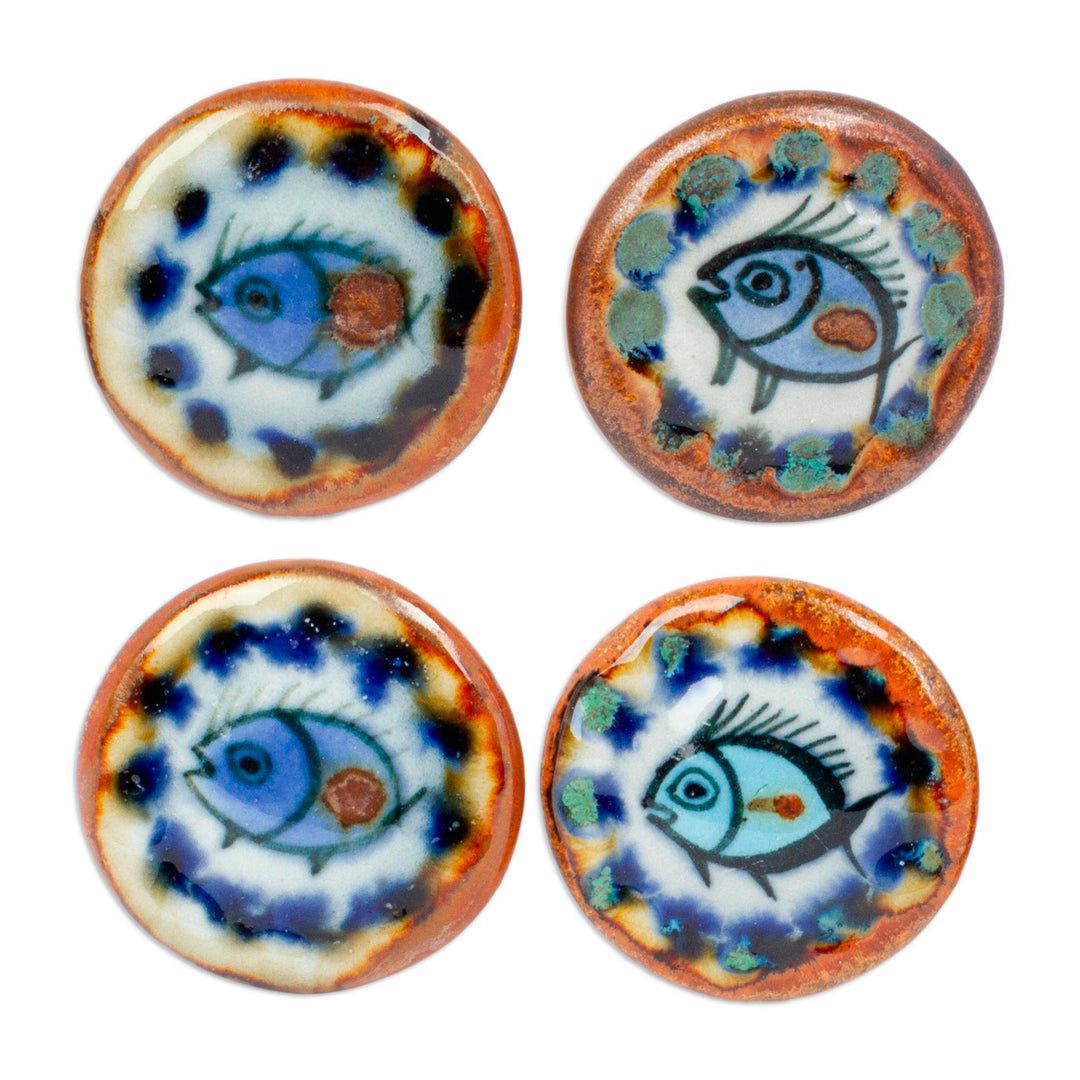 Set of 4 Handcrafted Ceramic Fish Knobs from Mexico - Marine Aura