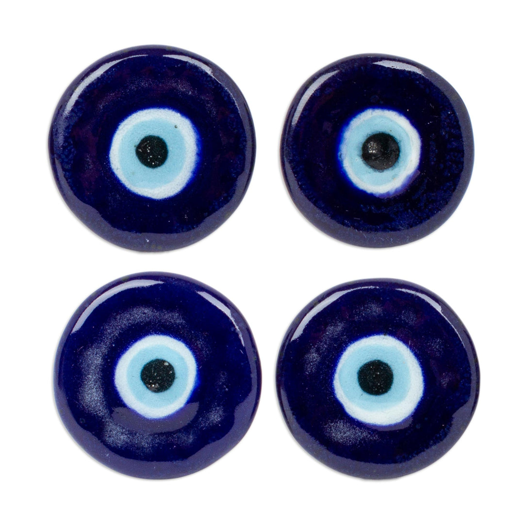 Set of 4 Handcrafted Ceramic Blue Knobs from Mexico - Deep Glances