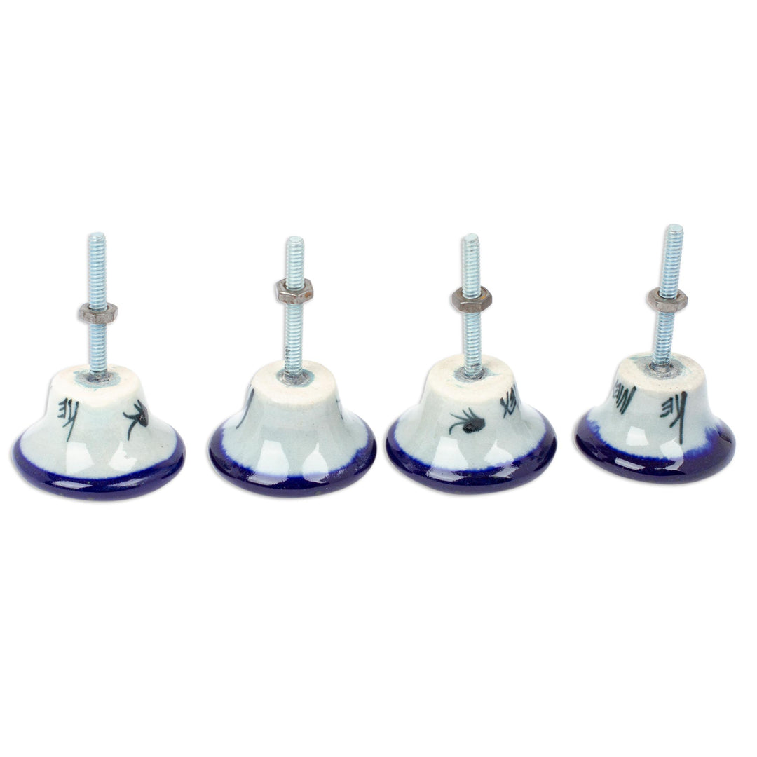 Set of 4 Handcrafted Ceramic Blue Knobs from Mexico - Deep Glances