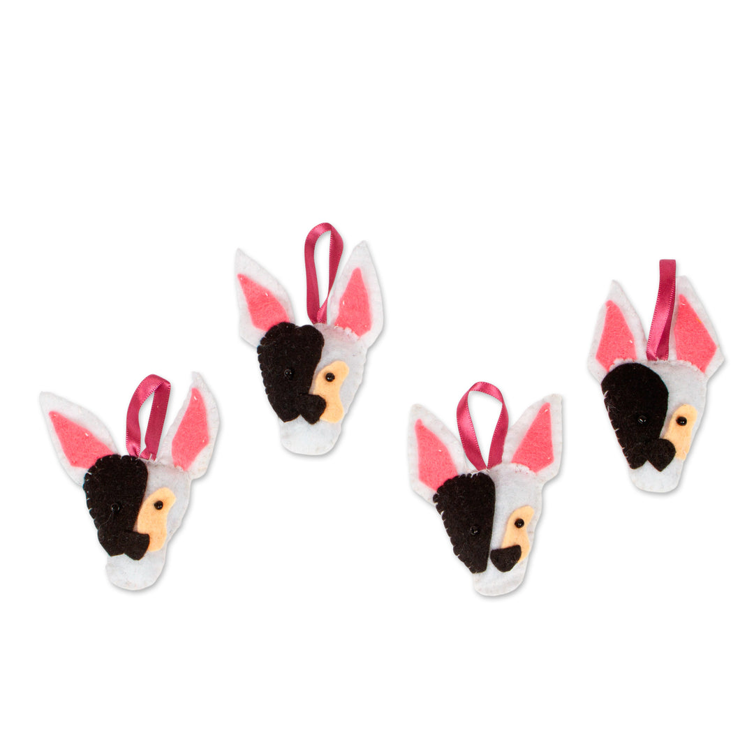 4 Bull Terrier Dog Felt Ornaments Handcrafted in Mexico - Cute Friends