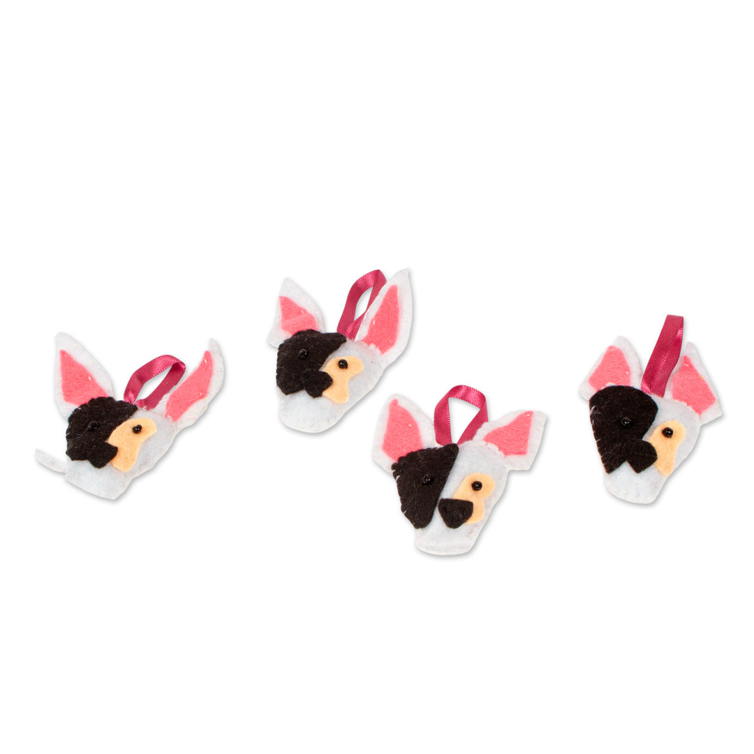 4 Bull Terrier Dog Felt Ornaments Handcrafted in Mexico - Cute Friends