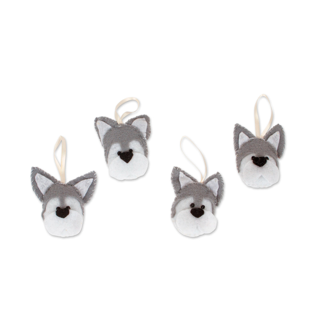 Set of 4 Handcrafted Felt Ornaments with Husky Dogs - Outgoing Friend
