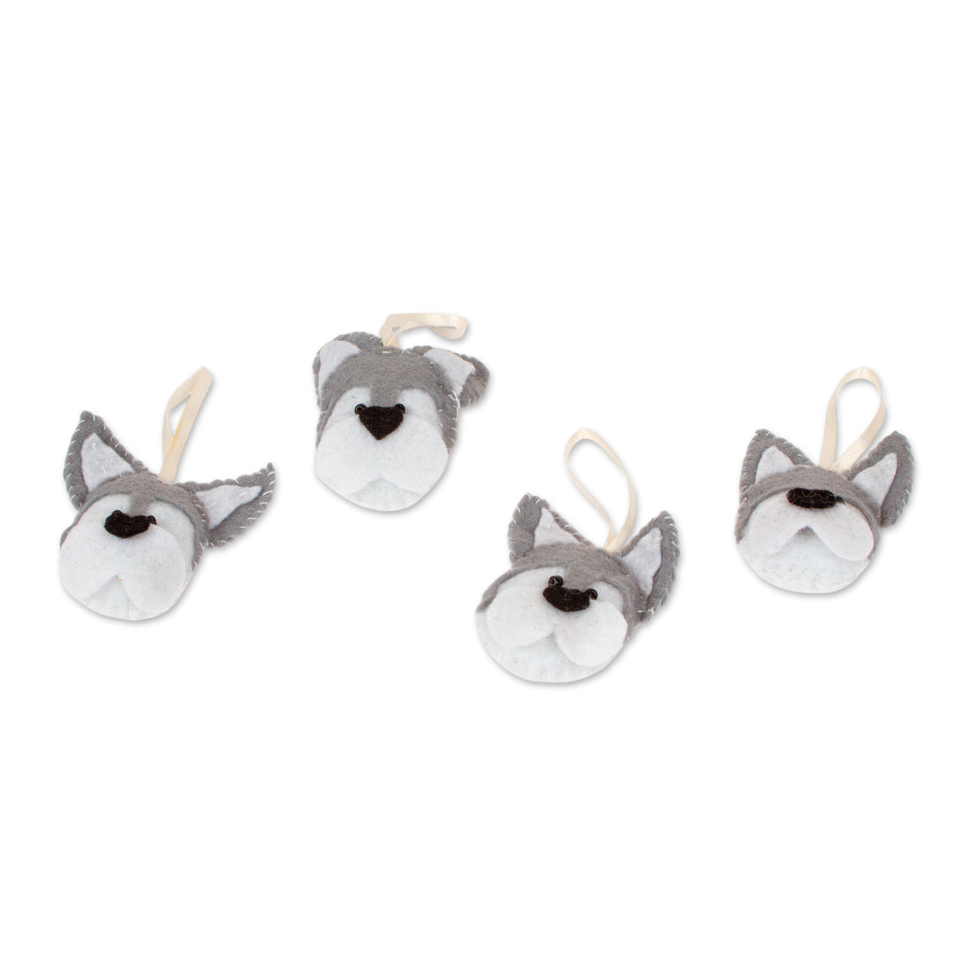 Set of 4 Handcrafted Felt Ornaments with Husky Dogs - Outgoing Friend