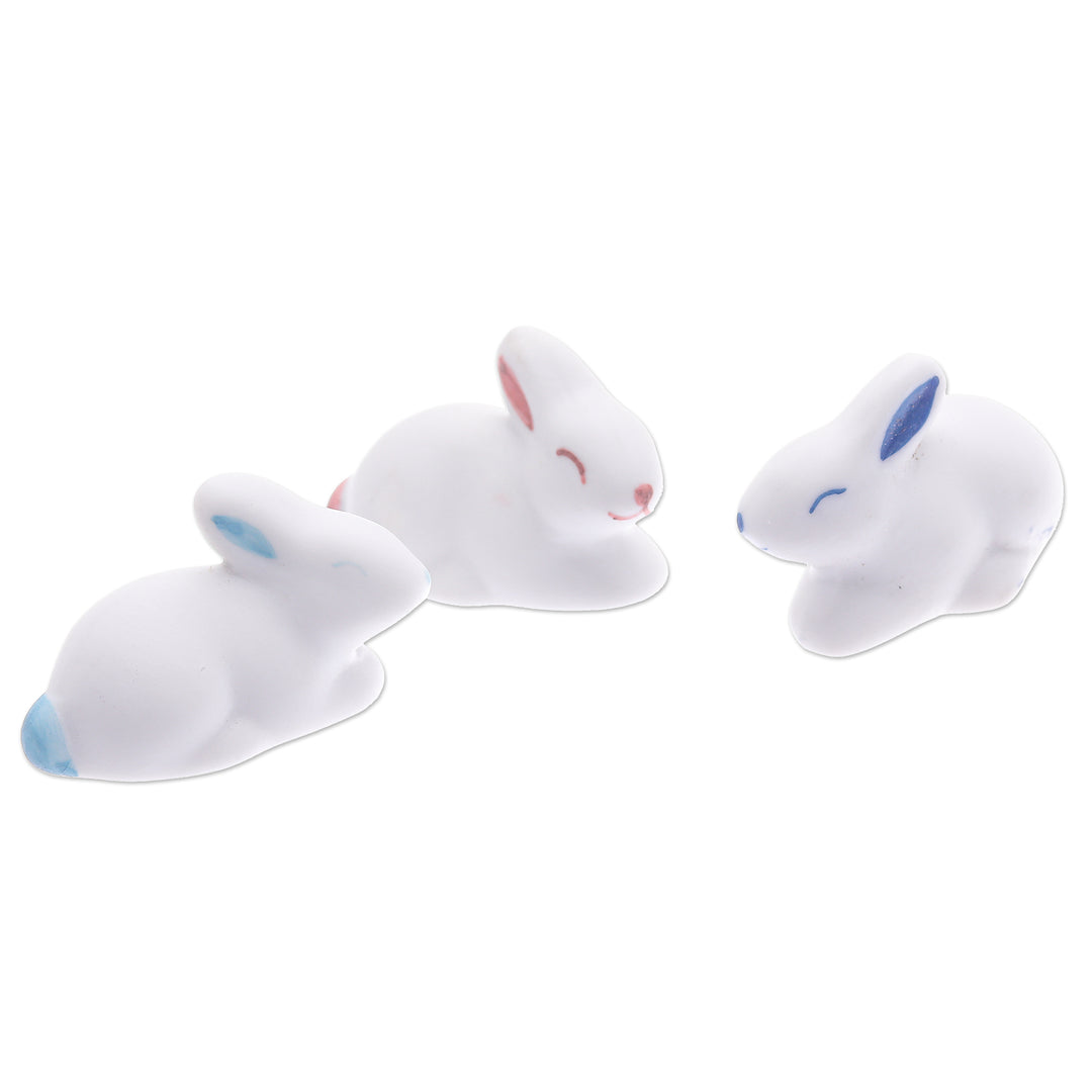 Set of 3 Ceramic Figurines of Bunnies in Pink and Blue Tones - Gentle Triplets