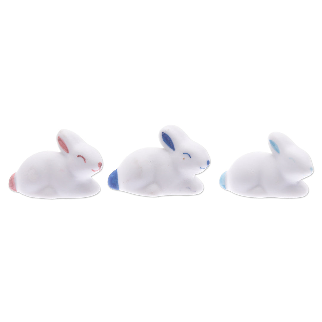 Set of 3 Ceramic Figurines of Bunnies in Pink and Blue Tones - Gentle Triplets