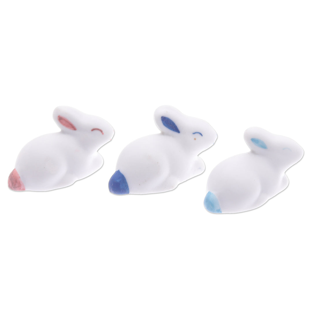 Set of 3 Ceramic Figurines of Bunnies in Pink and Blue Tones - Gentle Triplets