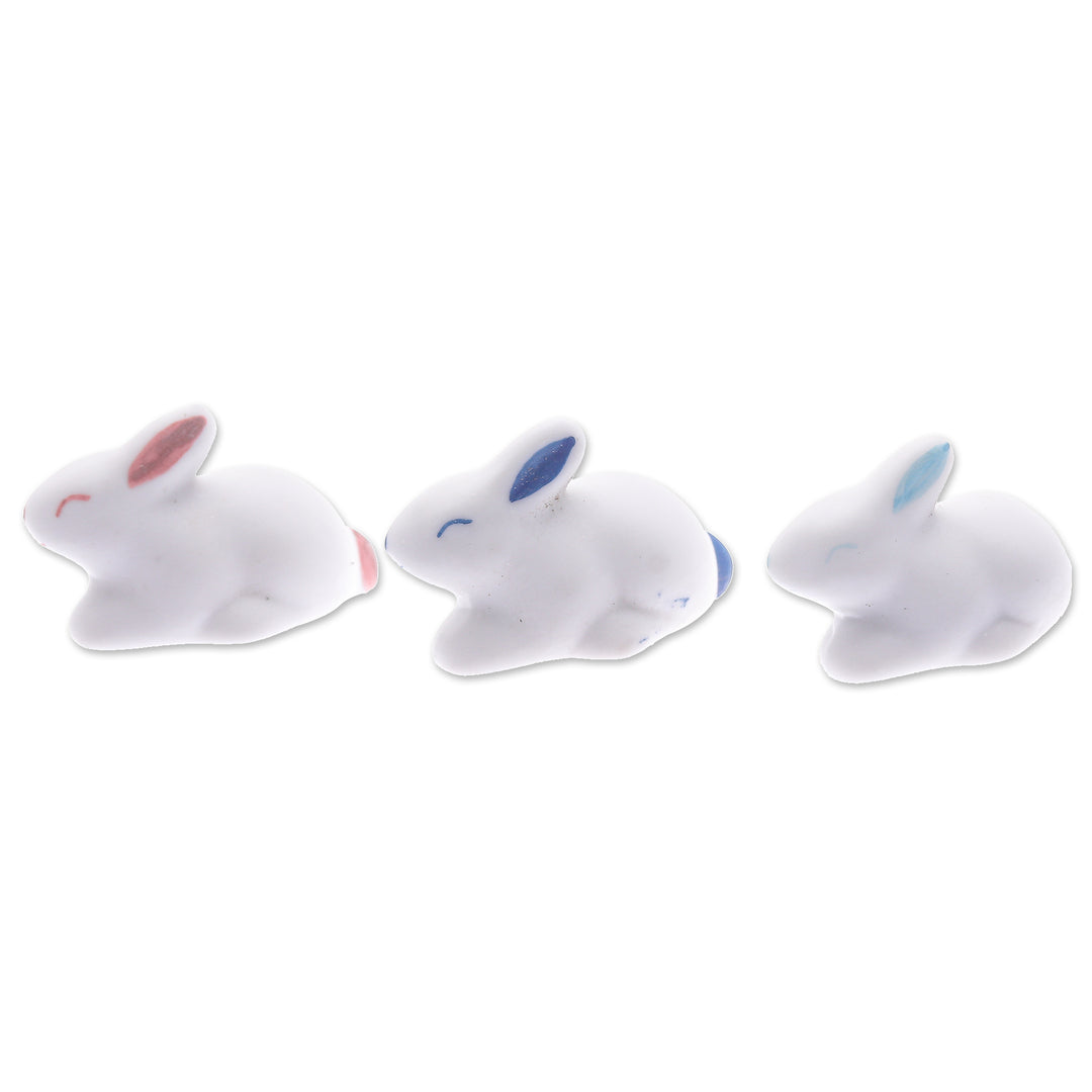 Set of 3 Ceramic Figurines of Bunnies in Pink and Blue Tones - Gentle Triplets