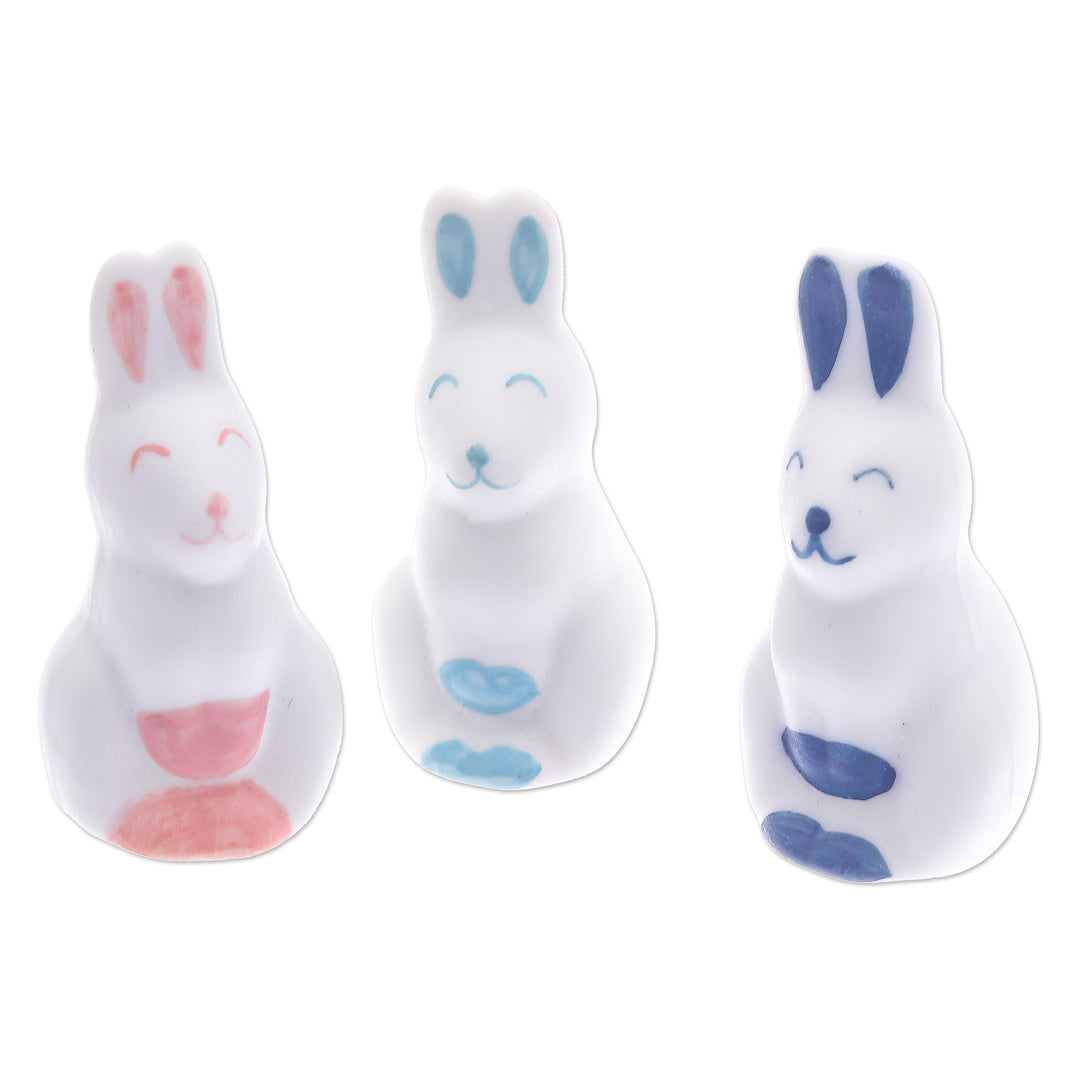 Set of 3 Ceramic Figurines of Pink and Blue Bunnies - Sweet Reunion