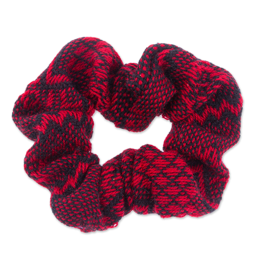 Handloomed Cotton Red Scrunchie with Geometric Pattern - Red Spell