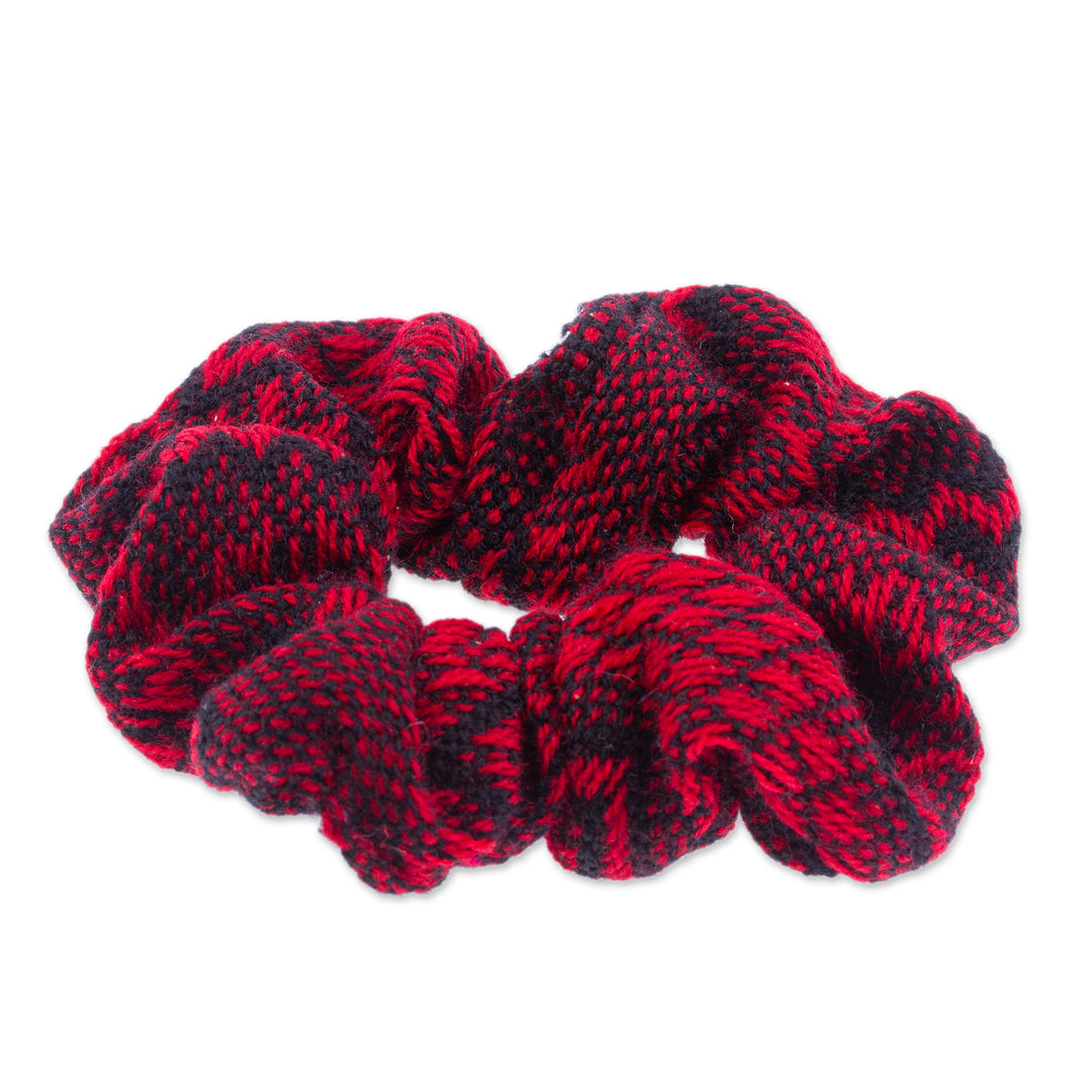 Handloomed Cotton Red Scrunchie with Geometric Pattern - Red Spell