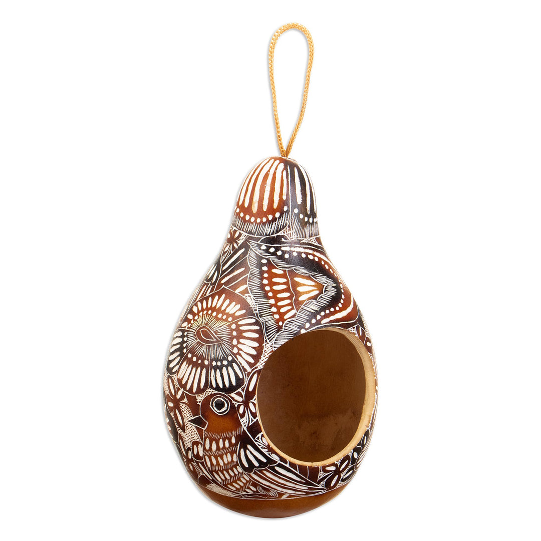 Handmade Dried Gourd Birdhouse with Andean and Bird Details - Garden Chant