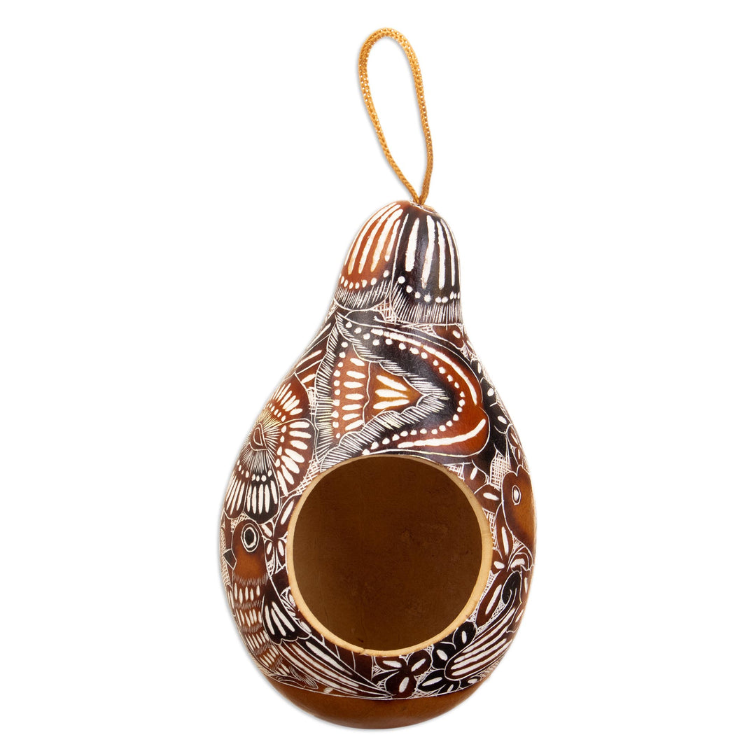 Handmade Dried Gourd Birdhouse with Andean and Bird Details - Garden Chant