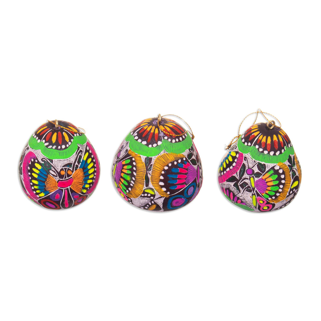 Handmade Andean Gourd Ornaments with Butterflies (Set of 3) - Colorful Hope
