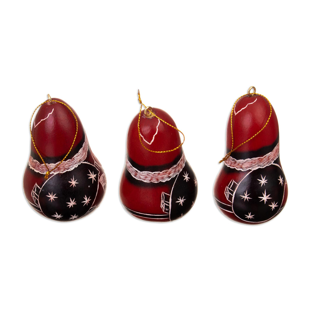 Handcrafted Andean Gourd Ornaments with Santas (Set of 3) - Santa Friends