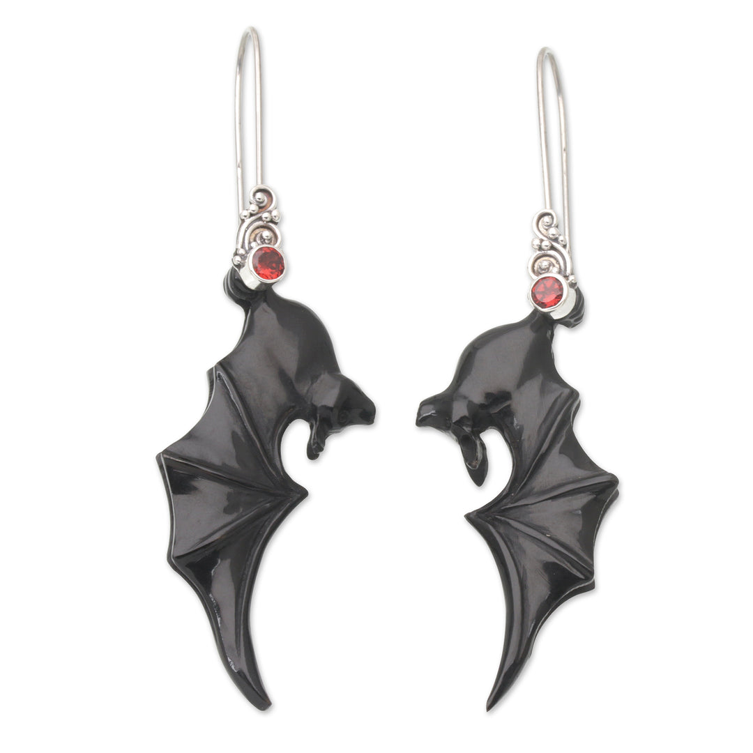 Black Garnet and Sterling Silver Dangle Earrings with Bats - Nocturnal Passion