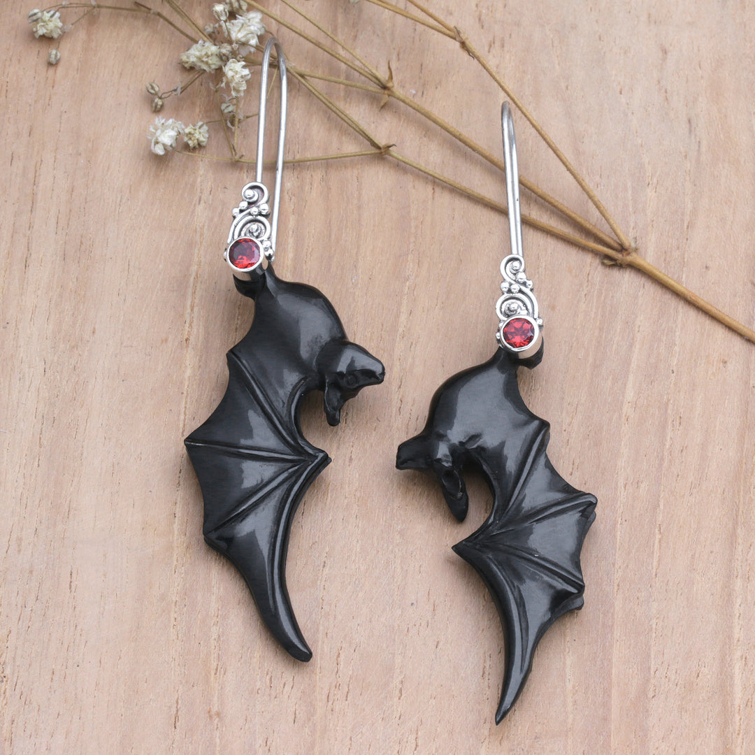 Black Garnet and Sterling Silver Dangle Earrings with Bats - Nocturnal Passion