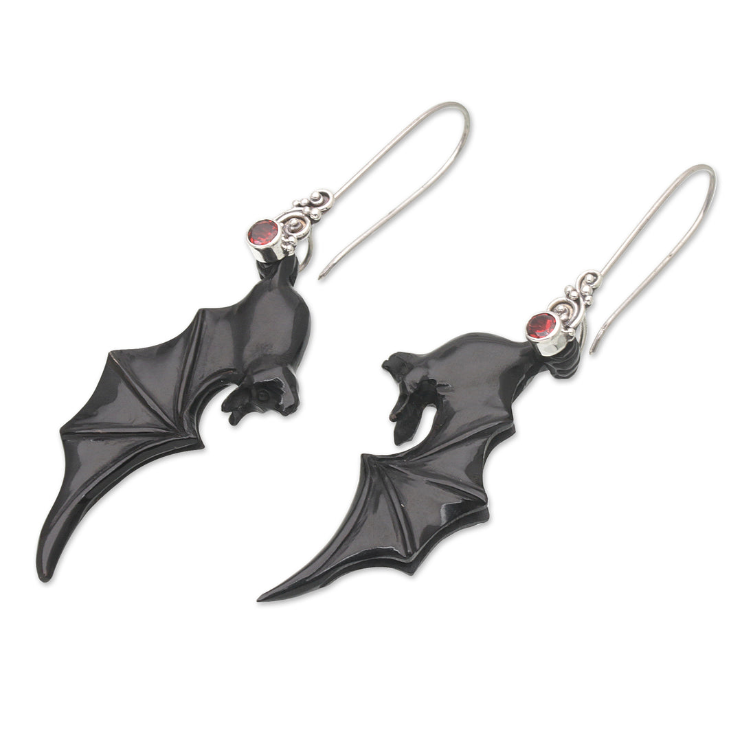 Black Garnet and Sterling Silver Dangle Earrings with Bats - Nocturnal Passion