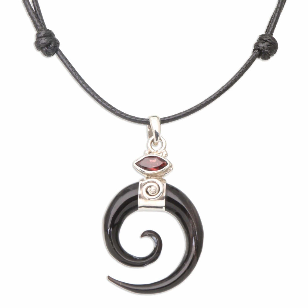 Spiral Horn Garnet and Sterling Silver Pendant Necklace - Midnight Halloween