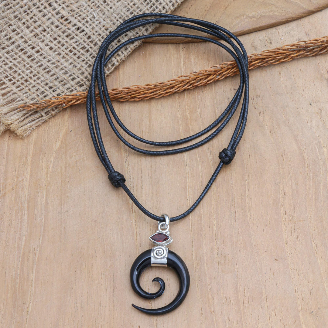 Spiral Horn Garnet and Sterling Silver Pendant Necklace - Midnight Halloween