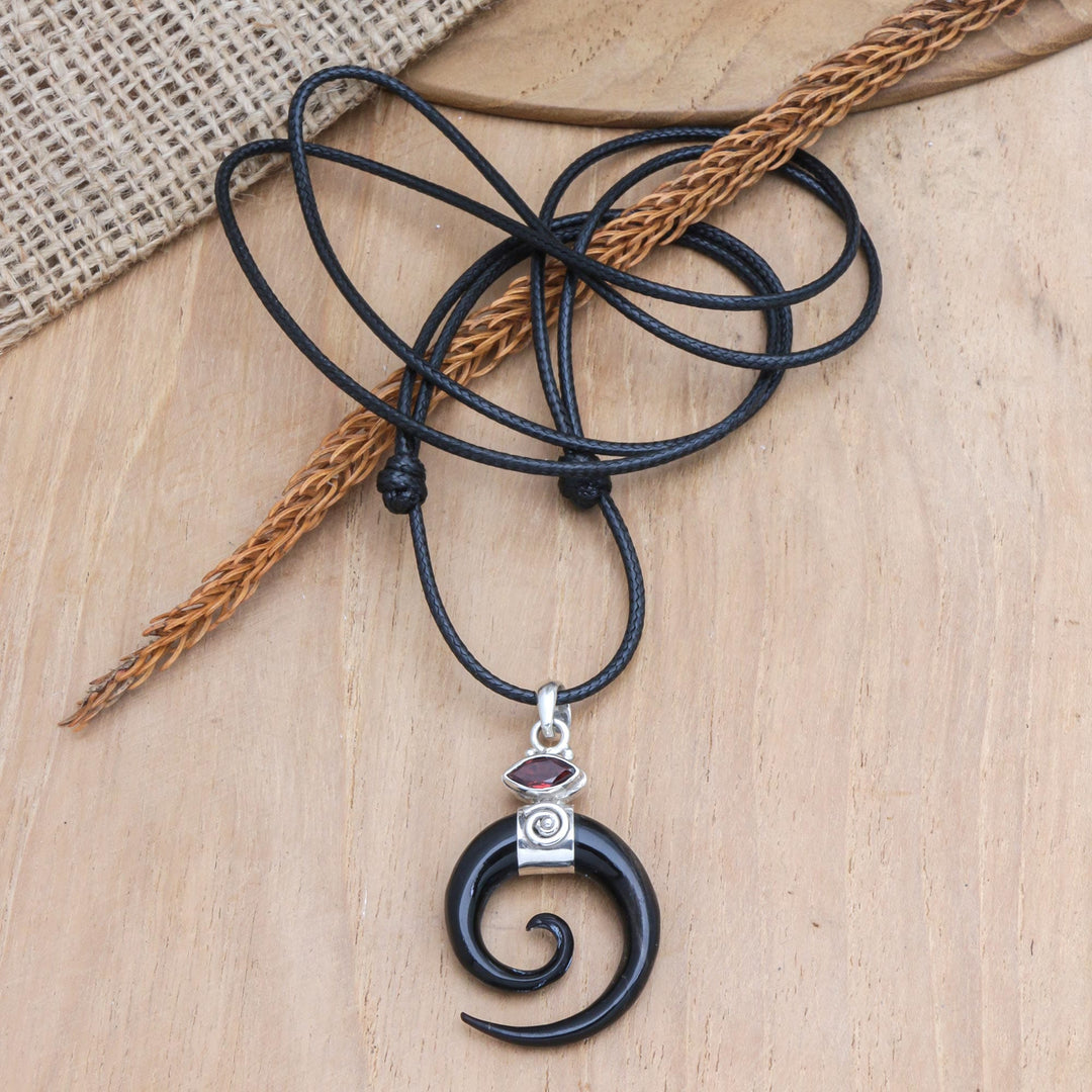 Spiral Horn Garnet and Sterling Silver Pendant Necklace - Midnight Halloween
