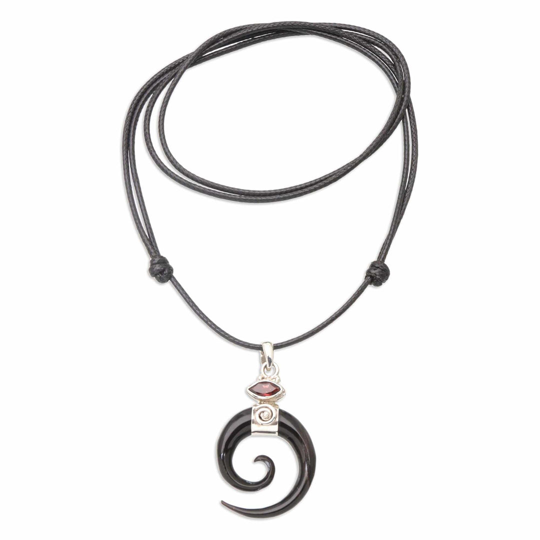 Spiral Horn Garnet and Sterling Silver Pendant Necklace - Midnight Halloween