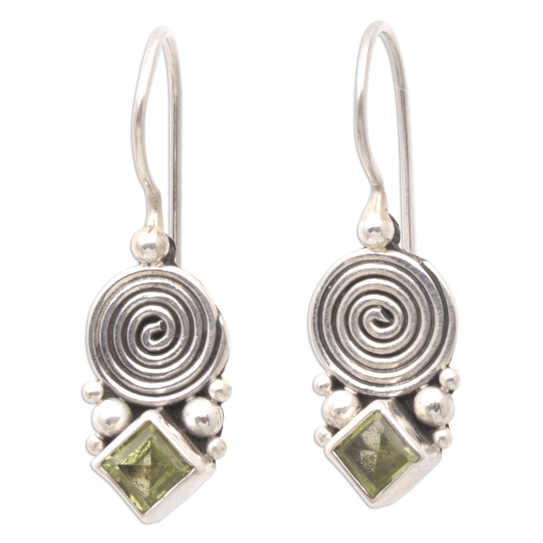 Sterling Silver Drop Earrings with Natural Peridot Stones - Fortune Spiral