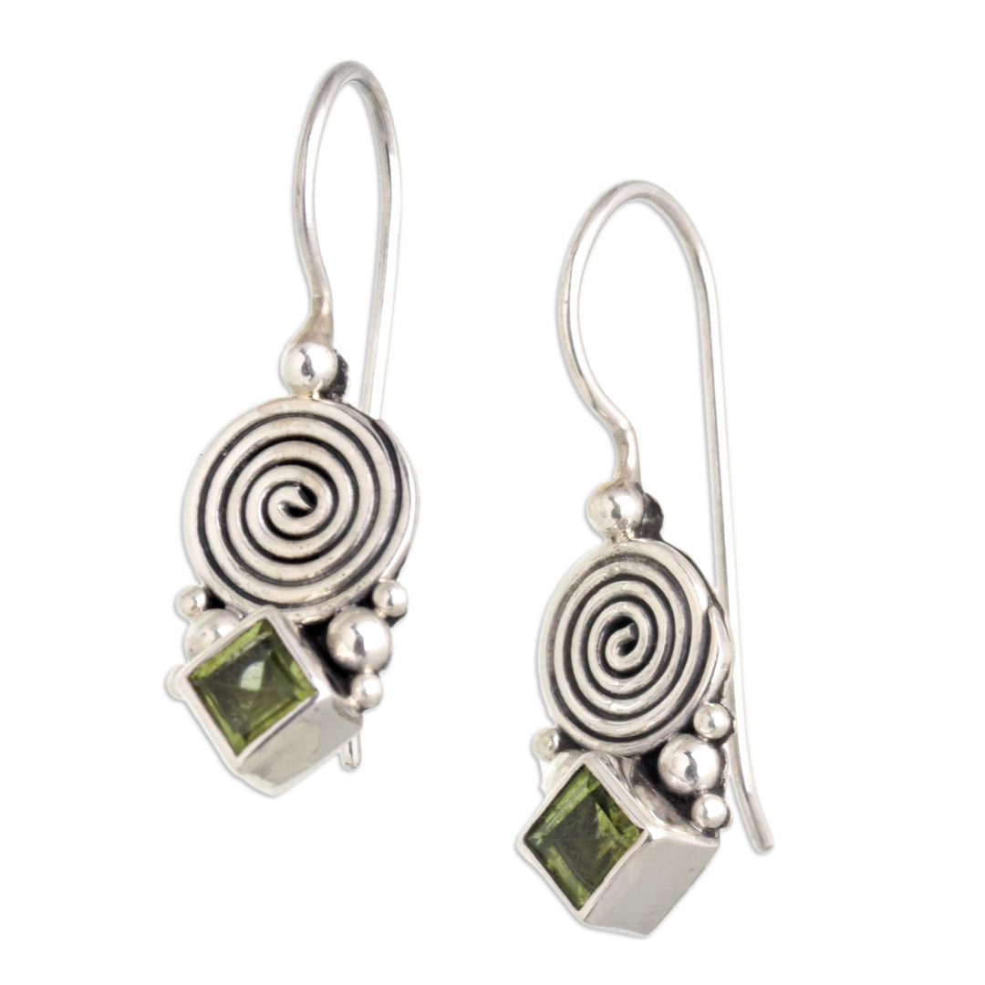 Sterling Silver Drop Earrings with Natural Peridot Stones - Fortune Spiral