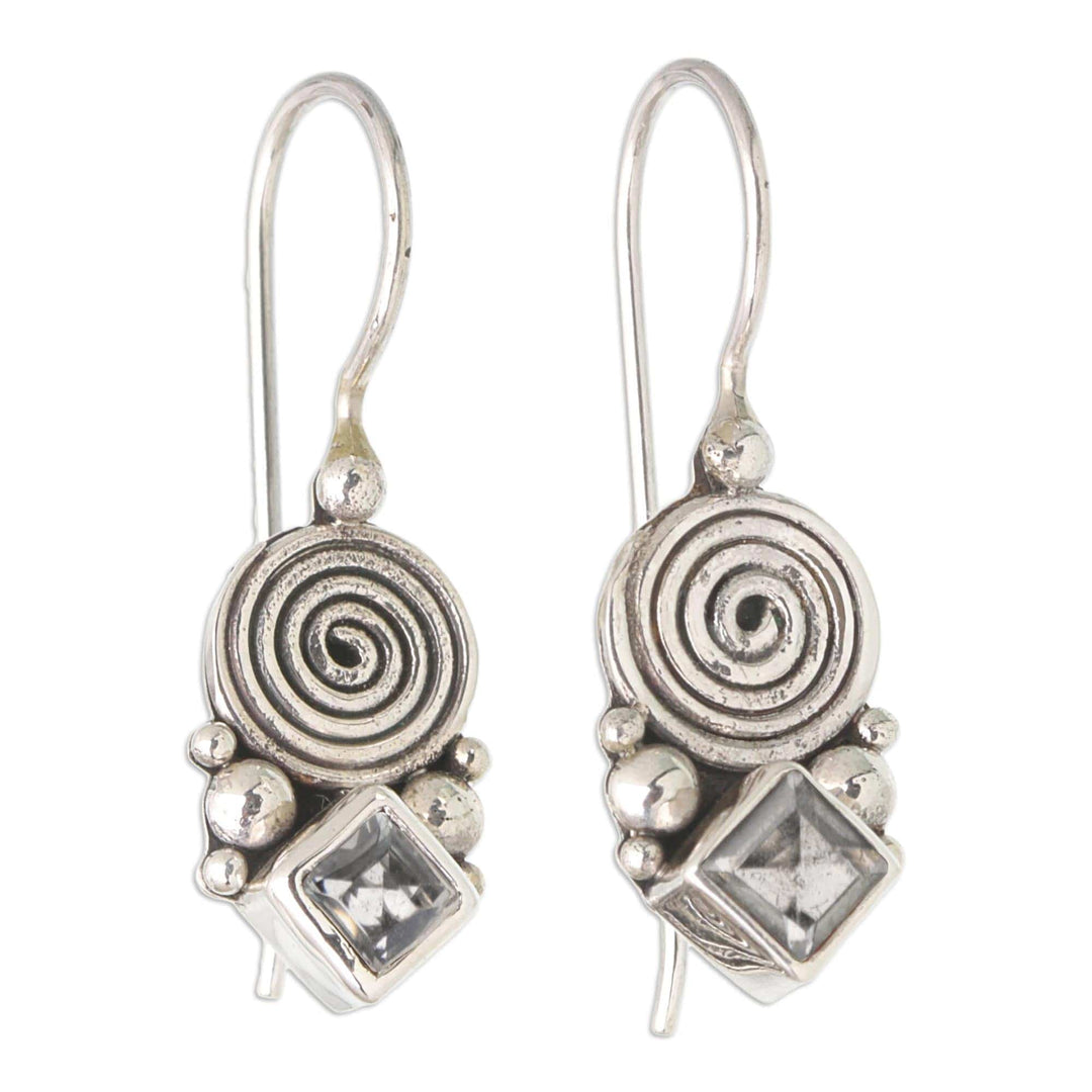 Sterling Silver Drop Earrings with Faceted Blue Topaz Stones - Loyalty Spiral