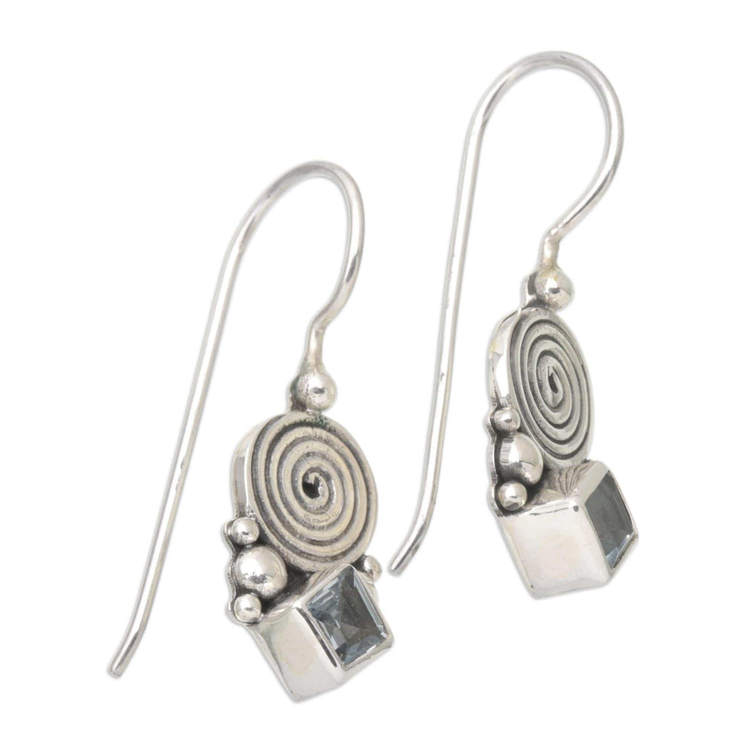 Sterling Silver Drop Earrings with Faceted Blue Topaz Stones - Loyalty Spiral