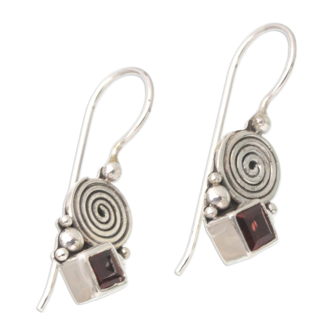 Sterling Silver Drop Earrings with Natural Garnet Stones - Love Spiral