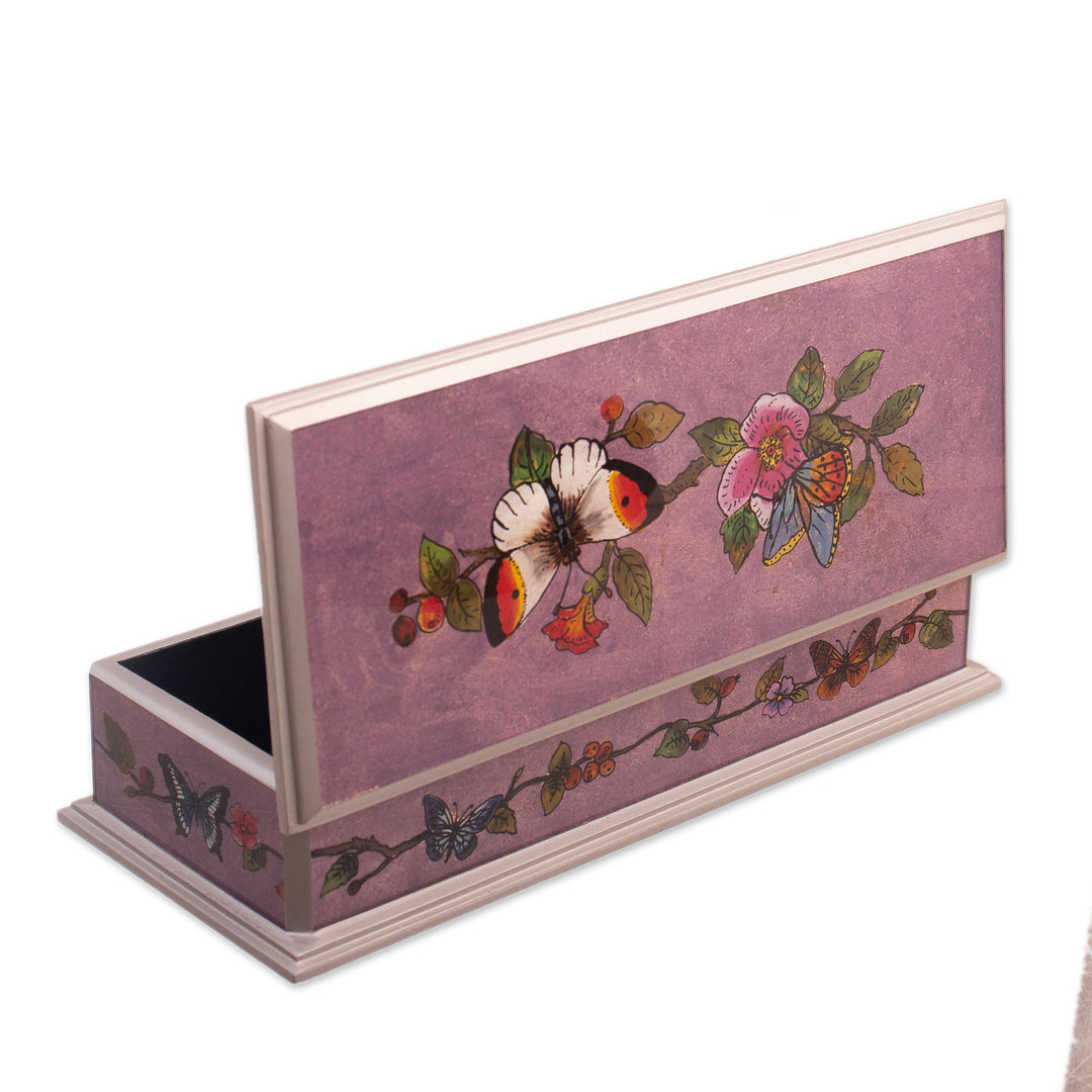 Butterfly Reverse-Painted Glass Decorative Box with Flowers - Floral Transformation