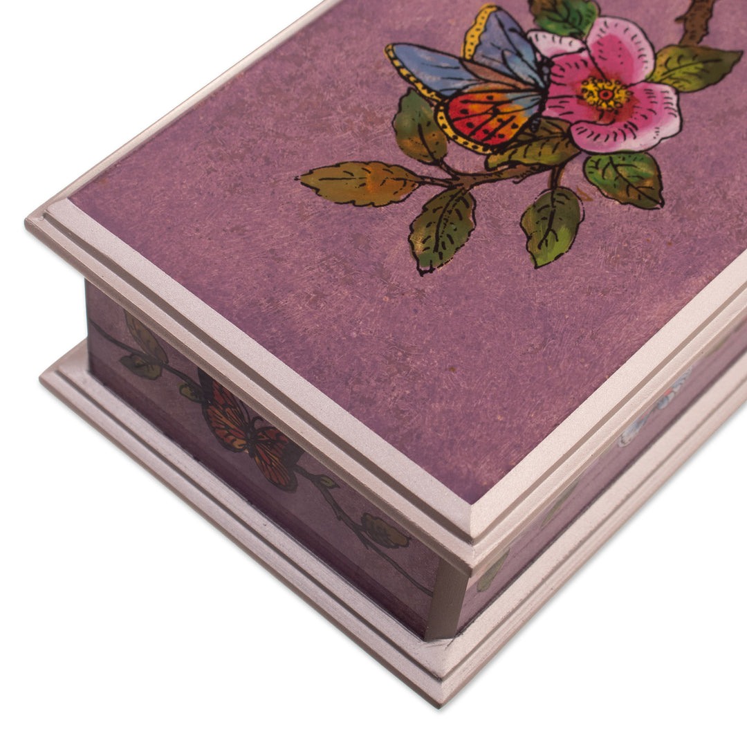 Butterfly Reverse-Painted Glass Decorative Box with Flowers - Floral Transformation