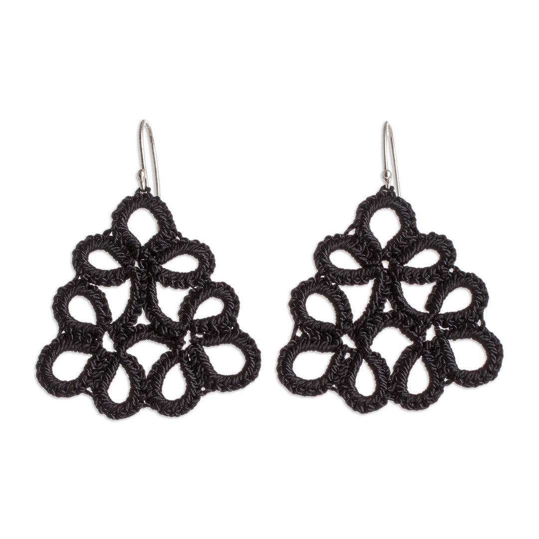 Hand-Tatted Dangle Earrings in Black Crafted in Guatemala - Petal Essence in Black