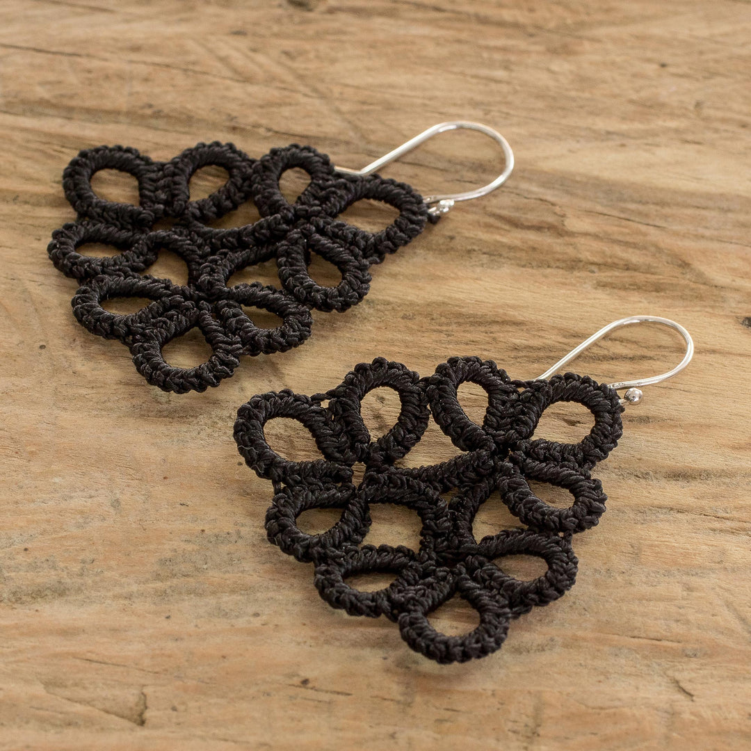 Hand-Tatted Dangle Earrings in Black Crafted in Guatemala - Petal Essence in Black