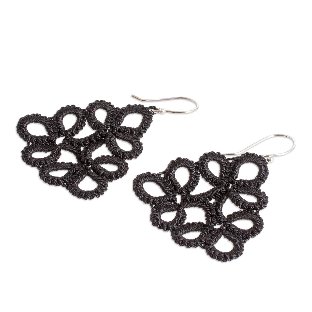 Hand-Tatted Dangle Earrings in Black Crafted in Guatemala - Petal Essence in Black