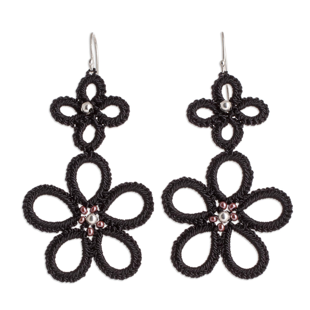 Hand-Tatted Floral Dangle Earrings in Black - Black Flora