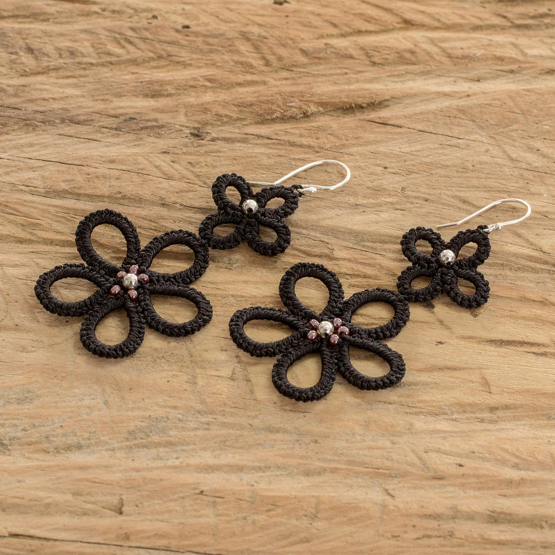 Hand-Tatted Floral Dangle Earrings in Black - Black Flora