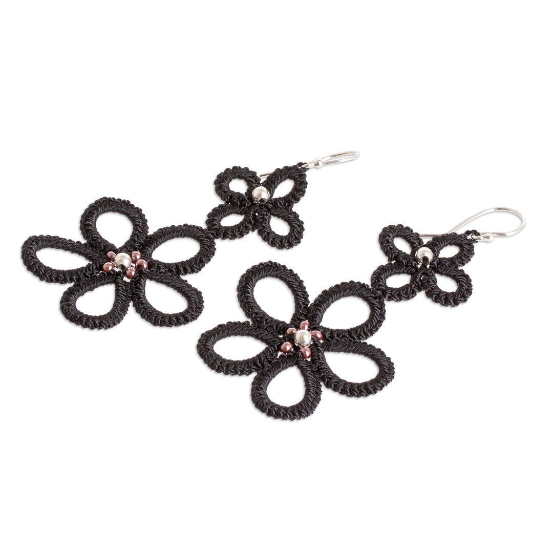 Hand-Tatted Floral Dangle Earrings in Black - Black Flora