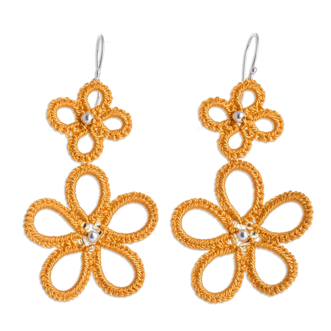 Hand-Tatted Floral Dangle Earrings in Yellow - Yellow Flora