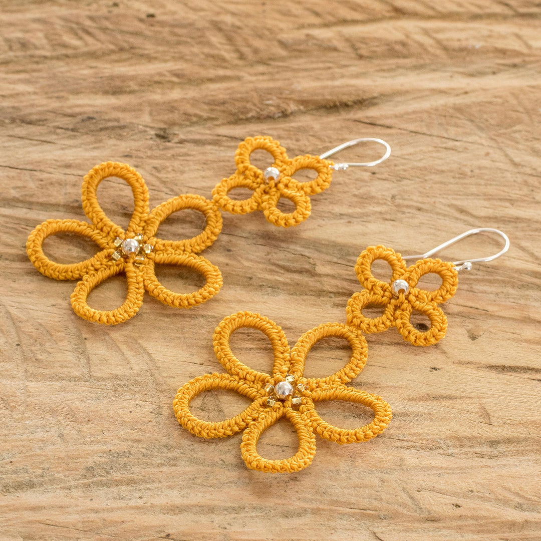 Hand-Tatted Floral Dangle Earrings in Yellow - Yellow Flora