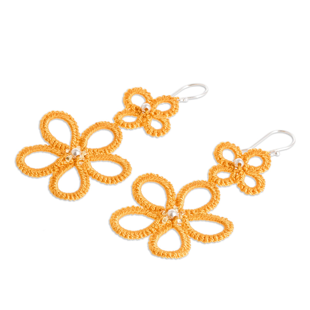 Hand-Tatted Floral Dangle Earrings in Yellow - Yellow Flora