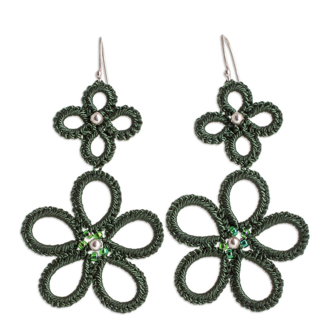 Hand-Tatted Floral Dangle Earrings in Green - Green Flora