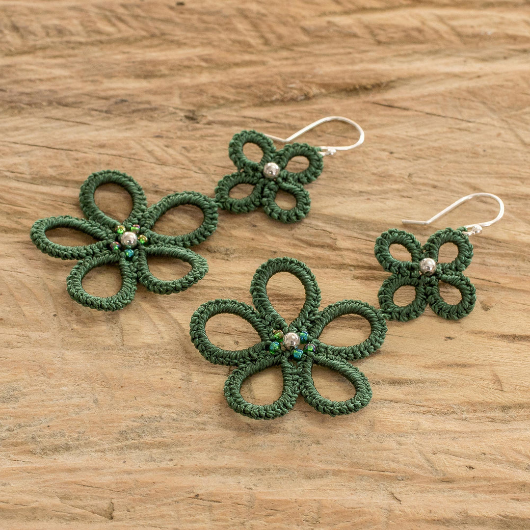 Hand-Tatted Floral Dangle Earrings in Green - Green Flora