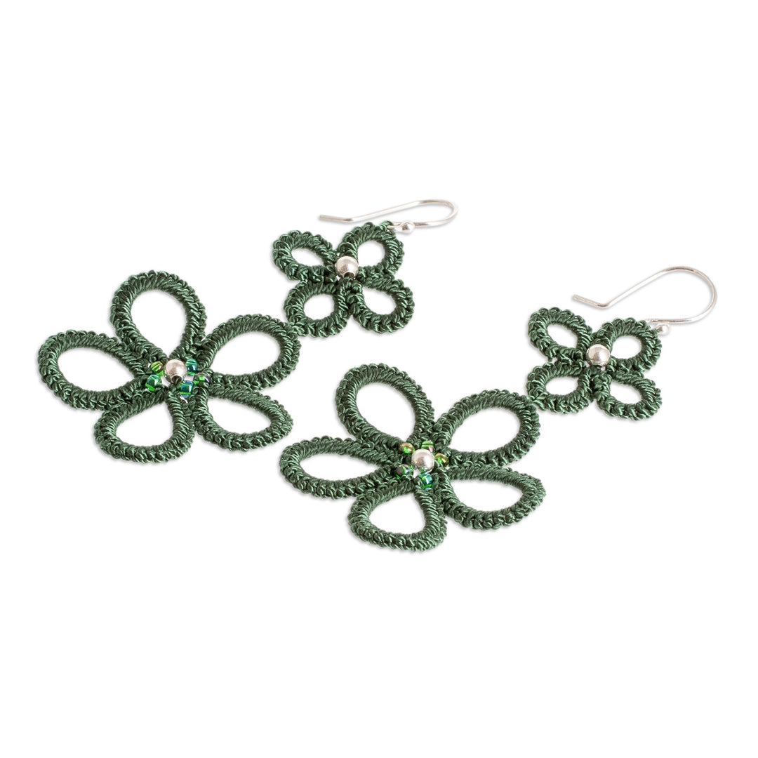 Hand-Tatted Floral Dangle Earrings in Green - Green Flora