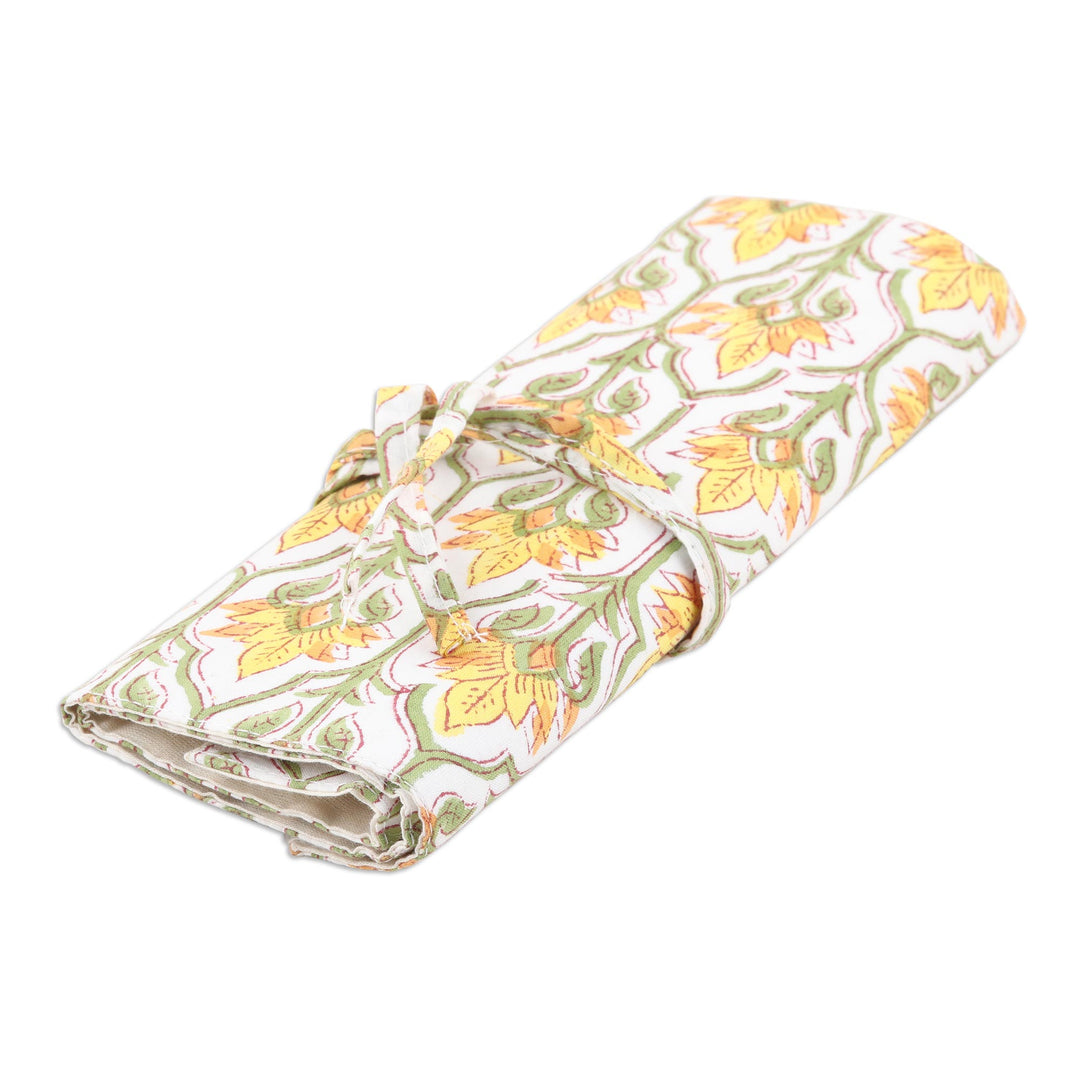 Cotton Roll Pencil Case with Hand-Block Printed Floral Motif - Glorious Buttercup