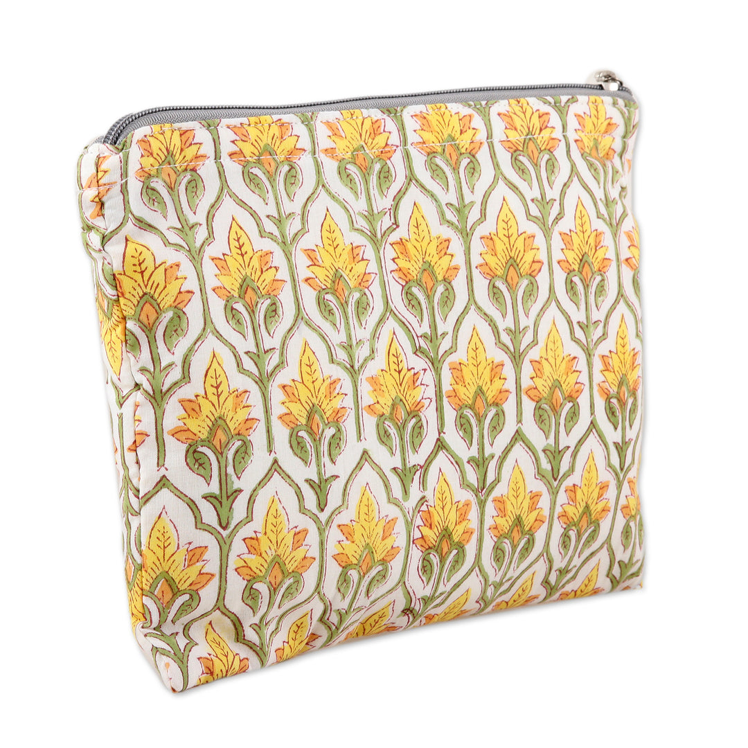 Cotton Cosmetic Bag with Hand-Block Printed Flowers & Leaves - Glorious Buttercup