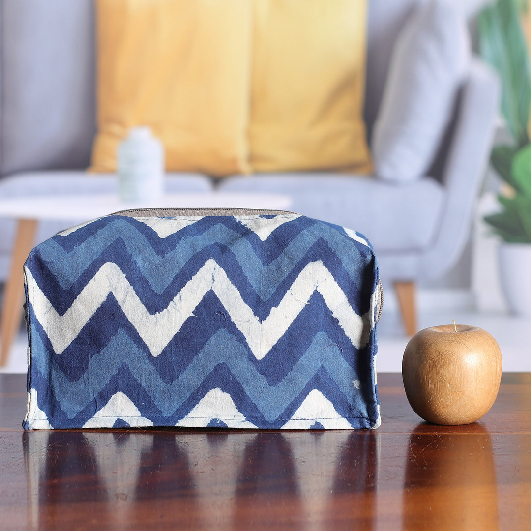 Blue Cotton Travel Case with Hand-Block Printed Wavy Pattern - Azure Waves