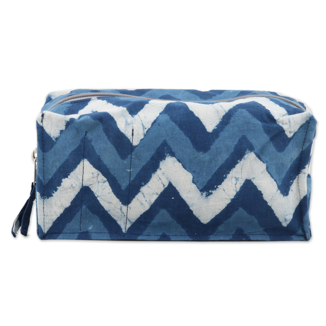 Blue Cotton Travel Case with Hand-Block Printed Wavy Pattern - Azure Waves