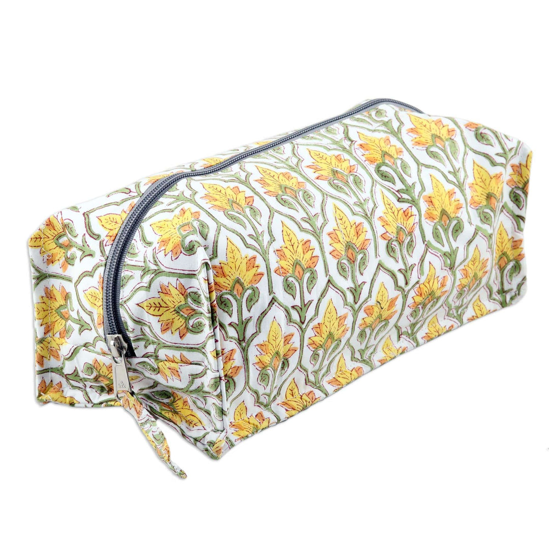 Cotton Travel Case with Hand-Block Printed Flowers & Leaves - Glorious Buttercup