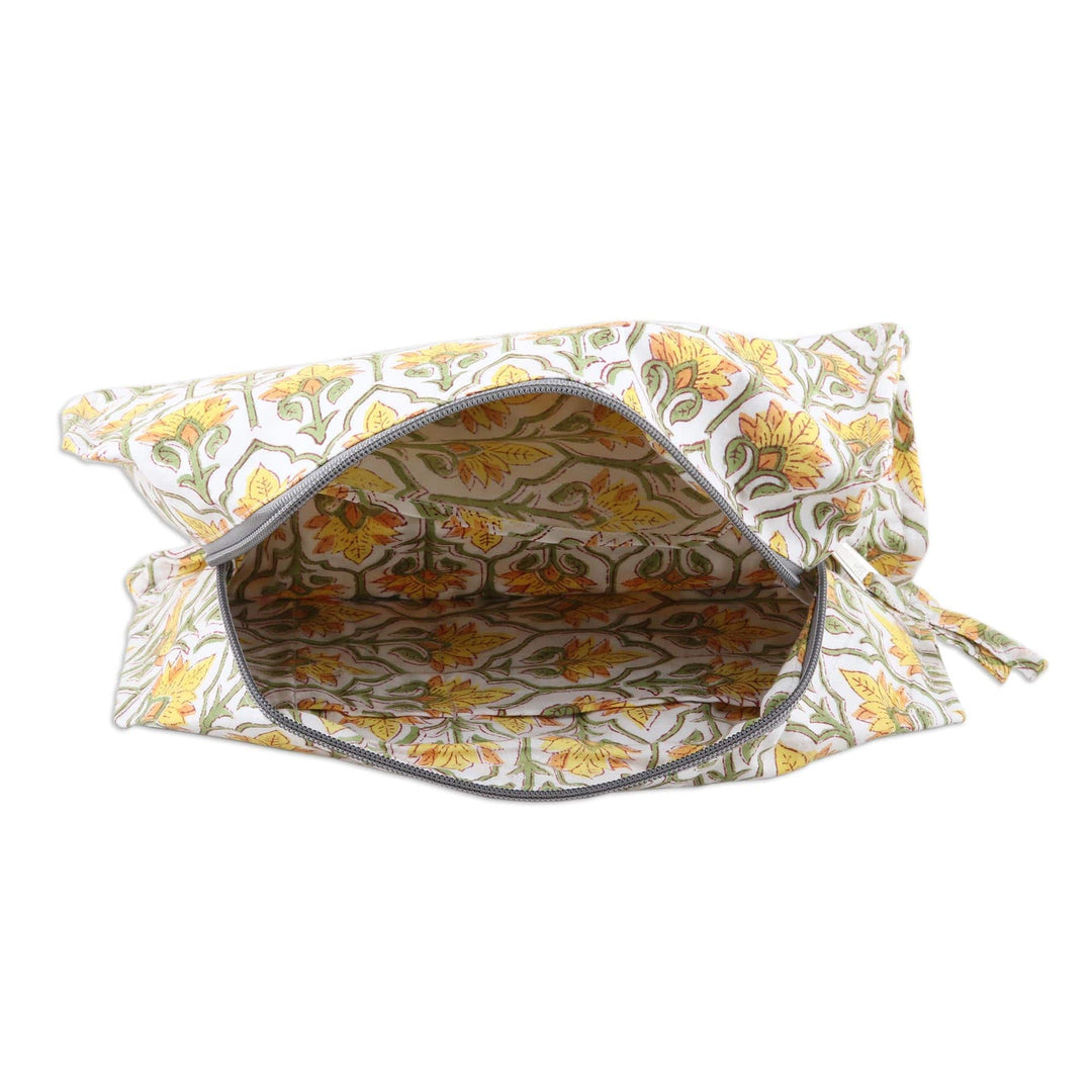 Cotton Travel Case with Hand-Block Printed Flowers & Leaves - Glorious Buttercup